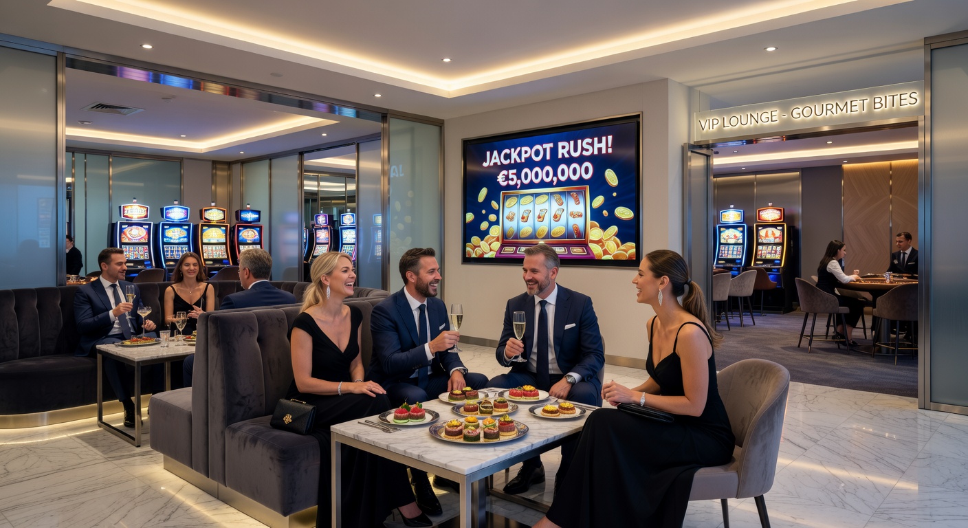 Jackpot-Gewinner feiert mit Konfetti und jubelnden Gästen in einer belebten Spielbank-Halle
