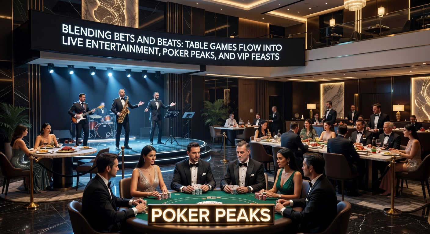Lebendige Szene in einer deutschen Spielbank, wo Roulette-Tische neben einer Bühne mit DJ und Lichtern pulsieren, Gäste jubeln bei Poker-Runden inmitten von Beats