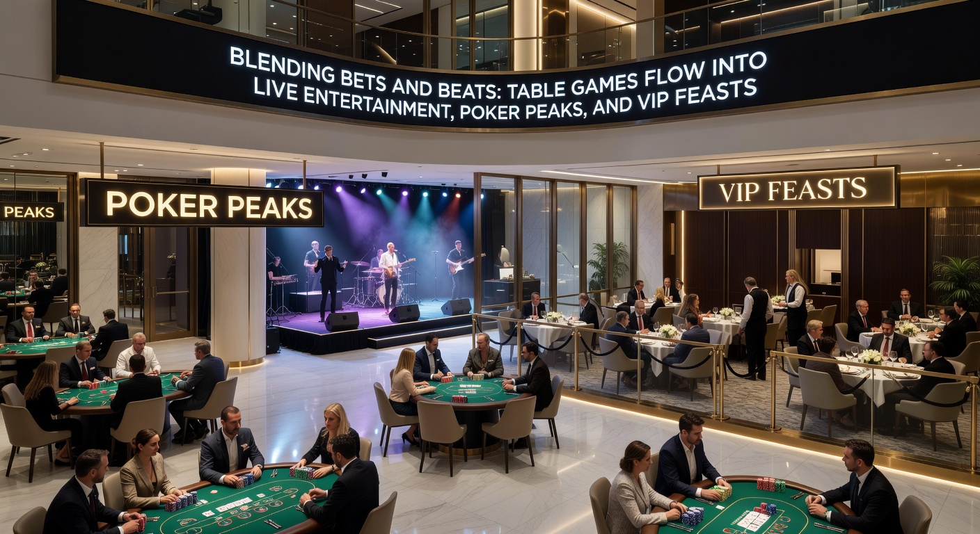 VIP-Bereich in einer Spielbank bei einem Poker-Finale mit Gourmet-Buffet, Live-Band im Hintergrund und High-Roller-Tischen unter farbigen Lichtern