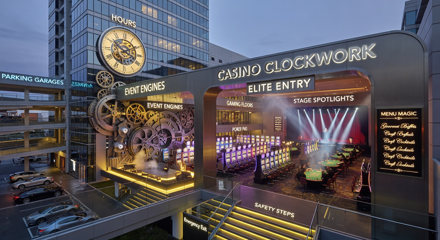 Ein belebter Spielbankeingang bei Nacht mit Parkgarage im Hintergrund und leuchtenden Fassaden, die den Rhythmus des Casino-Alltags einfangen