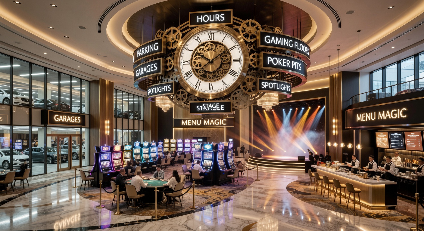 Detaillierter Blick auf einen Pokerpit mit konzentrierten Spielern unter hellen Spotlights, umgeben von Gaming-Floors und Sicherheitskräften