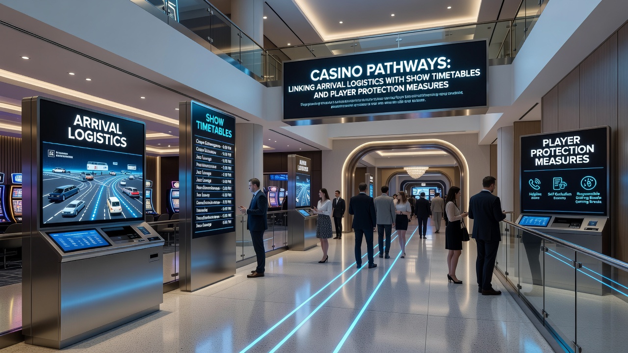 Innenansicht eines Spielbankbereichs mit integrierten Schutzstationen und Wegweisern zu Shows und Spielzonen