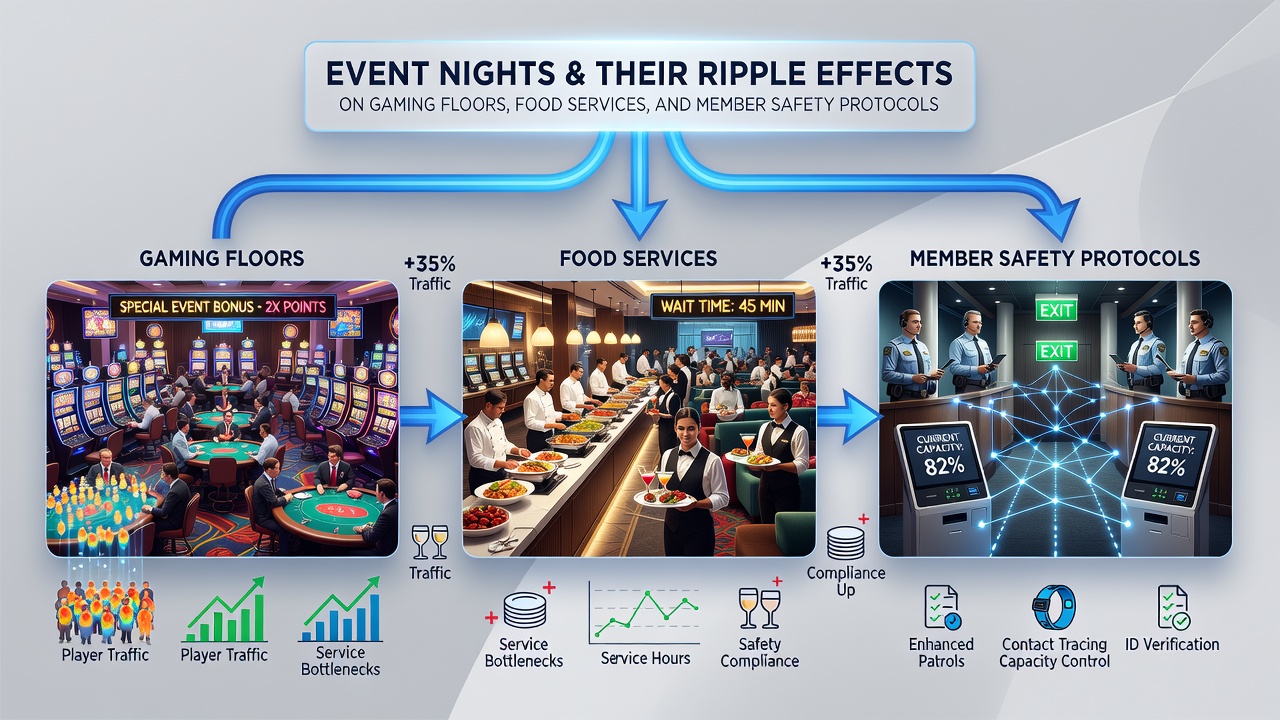 Coordinated food service and safety staff during a busy event night at a casino gaming floor