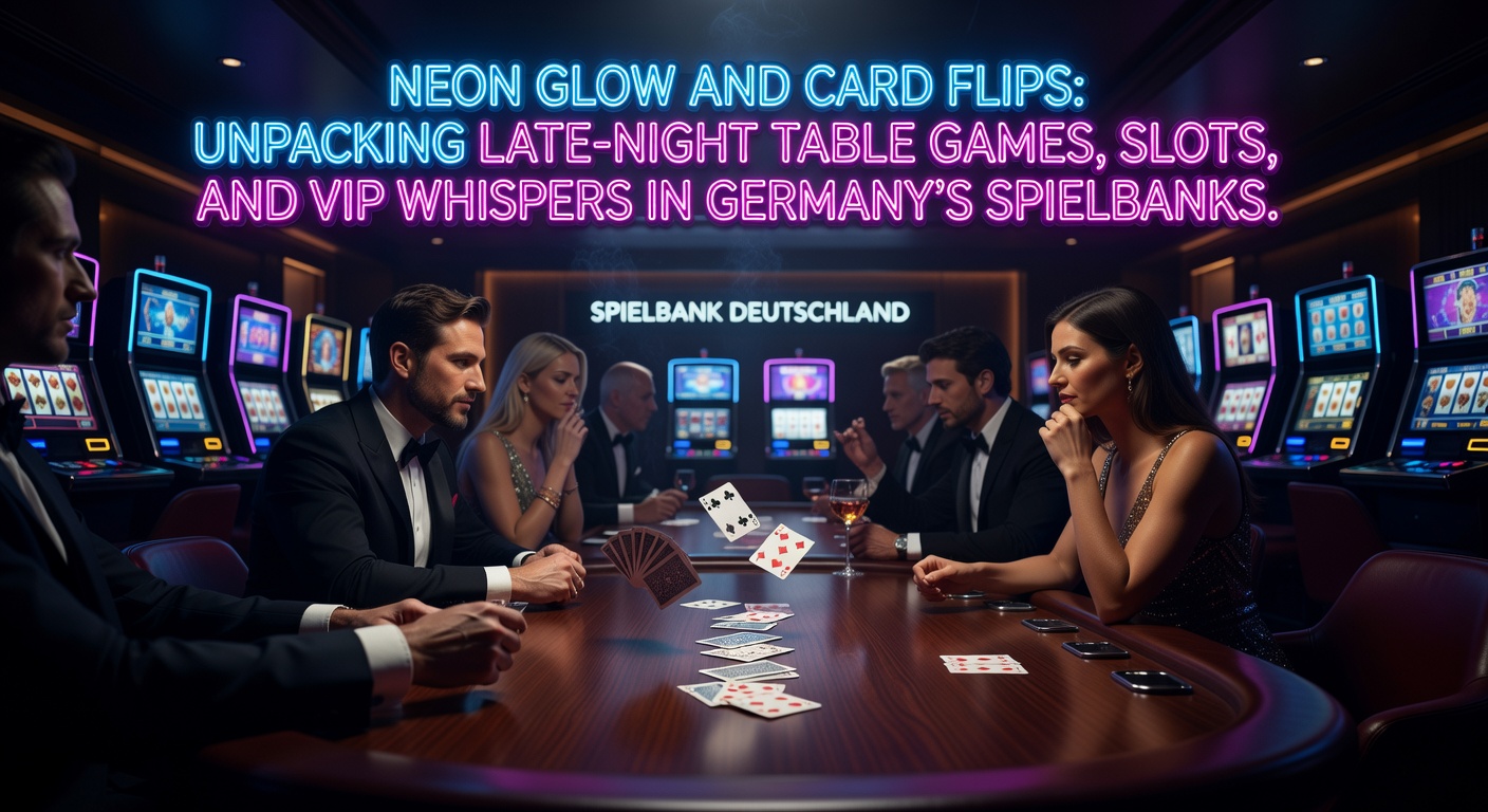 Leuchtende Neonlichter über Slot-Maschinen in einer deutschen Spielbank bei Nacht, mit Spielern an Tischen im Hintergrund