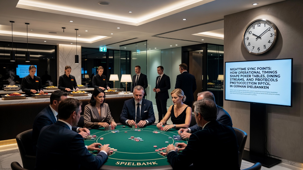 Nächtliche Abläufe an Pokertischen und in Essensbereichen einer deutschen Spielbank mit koordinierten Zeitplänen