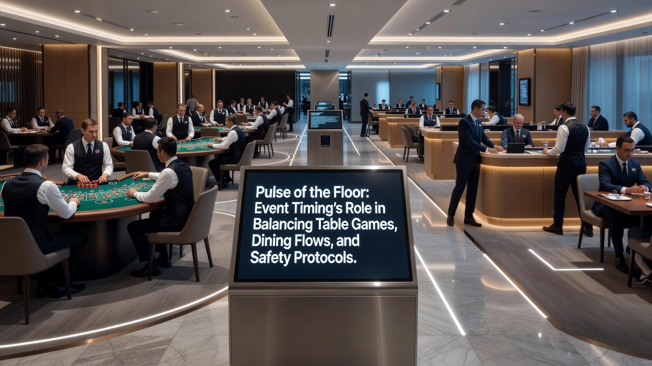 Gastronomiebereich einer Spielbank mit abgestimmten Essensausgaben während eines laufenden Events