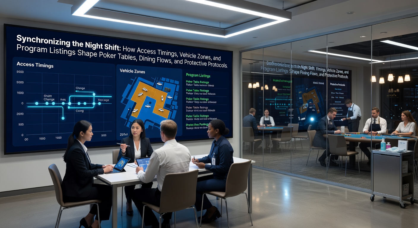 Nachtszenario in einer deutschen Spielbank mit synchronisierten Abläufen an Pokertischen und Essensbereichen