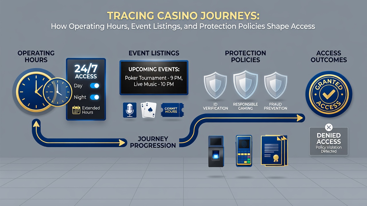 Innenansicht einer Spielbank mit beleuchteten Poker- und Slotbereichen sowie Hinweisen auf Veranstaltungen und Schutzrichtlinien